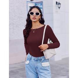 Ekouaer 3 Pack Womens Long Sleeve Shirts Boat Neck Ribbed Thermal Undershirts Lightweight Basic Top Black/Navy/Dark Red L