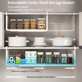 Janebert Extendable Under Shelf Storage Basket, Hanging Baskets Under Cabinet Shelf Organizer, for Cabinet Pantry Kitchen Cupboard Desk Counter Bookshelf Organization Space Saver Heavy Duty Slide-in