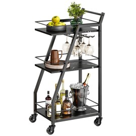 YATINEY Bar Cart, Bar Cart for The Home, Small Bar Cart on Wheels, Beverage Cart, Home Bar Serving Cart with Glass Holder, Drink Cart for Bar, Kitchen, Dining, Marble Black and Black BC03BM