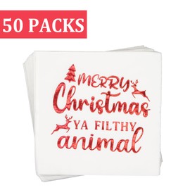 Merry Christmas Ya Filthy Animal Napkins,Christmas Napkins,Christmas Party Decorations,Christmas Vacation Party Decorations,ZJ National Christmas Holiday Party Decorations(5 x 5 In,Red Foil,50-Pack)