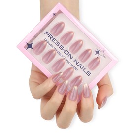 Glitter Press on Nails Medium Almond Fake Nails For Cat Eyes Design Shiny Pink Glue on Nails Full Cover Spring Nails Glossy Reusable 30pcs -15Sizes Solid False Nails for Women Girls Manicure