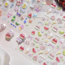 Summer Nail Art Stickers Watermelon Ice Cream Nail Decals Beach Nail Stickers 5D Embossed Self Adhesive Nails Charms for Women Girls Kid Manicure Cute Sweet DIY Decoration 2Pcs