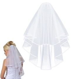 OBTANIM Bridal Veil White Double Ribbon Edge Wedding Veil with Comb for Wedding Bachelorette Party