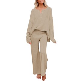 Pink Queen Women's 2 Piece Outfit Set Long Sleeve Button Knit Pullover Sweater Top and Wide Leg Pants Sweatsuit Khaki L