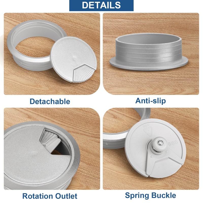 Pack of 8 Desk Cable Grommets with Hole Saw 60