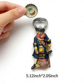 Pirate Bottle Opener Refrigerator Magnet, 3D Resin Figurine with Treasure Chest, Strong Magnetic Hold, Multicolor, Funny Cute Unique Kitchen Decor, 5.12 x 2.05 Inch (Blue)