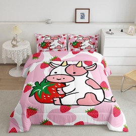 Feelyou Milk Cow Comforter Pink White Cow Strawberry Pattern Comforter Set Bedding Set for Kids Adults Kawaii Girls Milk Cow Print Duvet Set Ultra Soft Room Decor Queen Size Quilt Set