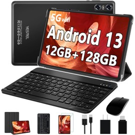 2025 Android 13 Tablet 10 inch Tablet with 12GB RAM + 128GB ROM,1TB Expand,2.0GHz Octa-Core Processor,IPS HD Display,Support 5G WiFi,GPS,Bluetooth 5.0 with Keyboard,Mouse - Black