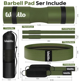 WALITO 8Pcs Barbell Pad Set for Hip Thrust - Squat Pad,Gym Accessories for Women with Bar Bad,Bench Press, with Gym Ankle Straps,Resistance Bands for Working Out,Lifting Strap,Carry Bag