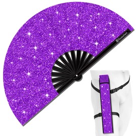 Raveahem Glitter Large Rave Folding Clack Hand Fan with Holster for Men/Women Handheld Fan for EDM,Festival,Club,Party,Dance (Purple)