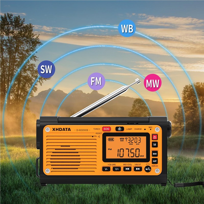 XHDATA D-608WB Portable Emergency Crank FM AM(MW) SW Radio with