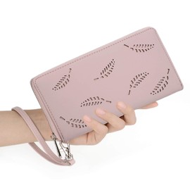 UTO Women Wallet RFID Large Leather Hollow-Carved Leaves Card Holder Checkbook Passport Organizer Ladies Travel Clutch with Wristlet CA