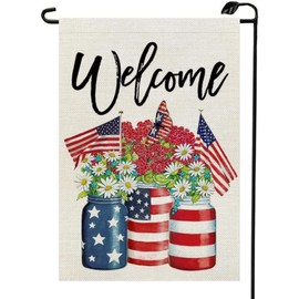 HIUCUS 4th of July Floral Mason Jar Garden Flag for Outside 12×18 Inch Double Sided Patriotic American Independence Memorial Day Summer Outdoor Yard Flag Decoration MG13