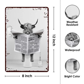 Metal Tin Sign Vintage Highland Cow Gray Cow Animal for Home, Bathroom and Toilet Wall Decor 12x8 Inches