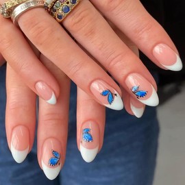 Butterfly Press on Nails Short Almond Shape Fake Nails White French False Nails with Glues Blue Butterfly Spring Design Artificial Full Cover Nail Tips Acrylic Nails for Women Girls 24Pcs