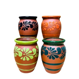Set of Multicolor 4 Plumeado Cantarito Cup - Clay Cantarito Cup - Guelaguetza Designs