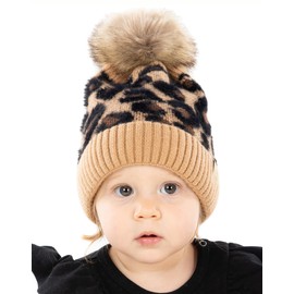 Funky Junque Girl's Warm Knit Pom Beanie Hat: Allover Leopard - Latte