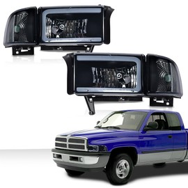 G-PLUS LED Light Strip Headlight Lamps w/Bulbs Compatible with Dodge Ram 1500 1994-2001/Dodge Ram 2500 3500 1994-2002 CH2503101,CH2502101 Smoke Lens Black Housing Clear Reflector