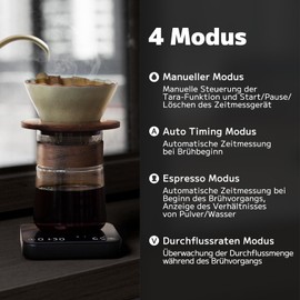 FOXNSK Espresso Waage mit Timer, 0.1g Genaue Kaffeewaage mit 4 Modi, Anzeige von Verhältnis und Durchflussmenge Coffee Scale, USB Aufladbar Mini Küchenwaage Digital für Barista, Max 2kg, Schwarz