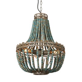 FIRVRE 3-Lights Wood Beaded Chandelier,Bohemia Blue Beach Ceiling Light,for Living Room,Bedroom,Kitchen Island
