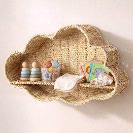 Domensi Cloud Nursery Wall Shelf Decor Boho Rattan Wicker Floating Shelves Handwoven Natural Rattan Hanging Organizer Storage Basket for Small Books Toys Nursery Bathroom Living Room Bedroom Corner