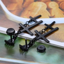 Flongo Men's Women Gothic Stainless Steel Black Cross Dangle Stud Earrings, Skull Skeletone Hand Claw Dangle Earrings, Vintage Cross Chain Stud Earrings Drop Dangle