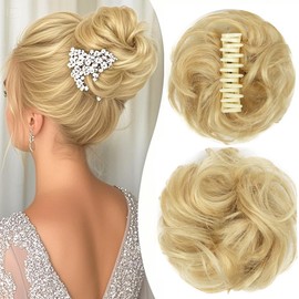 VADES Curly Blonde 613 Human Hair Wavy Hair Bun Scrunchies Claw Clip Ponytail Extensions Chignon Hairpieces for Women Curly Clip in Hair Extensions Daily Hairstyles for Thin Hair