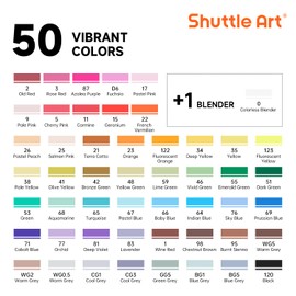Shuttle Art 51 Colors Alcohol Markers, 50 Colors Dual Tip Art Marker Set Plus 1 Colorless Blender with Marker Case Perfect for Illustration Students Adult Coloring Sketching