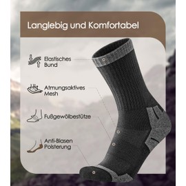 CAOZITOU 3 Pairs Merino Hiking Socks Men Women 60% Wool Socks Padded Thermal Trekking Socks Winter Warm Socks for Outdoor Sports, Black, grey, blue