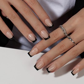 KQueenest Press on Nails Short French Tip - 30 Pieces Black Nails for Sticking, Short Square, French Tip Fake Nails with Glue, Square Artificial Nails Set for Women