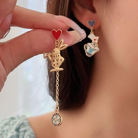 Unique Playing Card Dangle Earrings Red Heart Queen Poker Earrings for Women,Gold Asymmetric Rabbit Long Clock Poker Dangle Earrings Queen Hearts Costume (E)