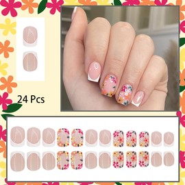 24 Pcs French Tip Press on Nails Short Square Cute Small Flower Fake Nails Colorful Floral False Nails Full Cover Stick on Nails Spring Flowers Artificial Nails for Women Girl Nail Design Decoration