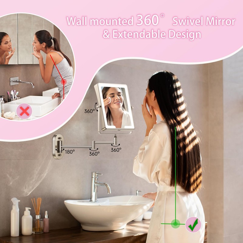 FASCINATE Rechargeable Wall Mounted Makeup Mirror, Bathroom Mirror Rectangle 8.7