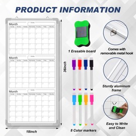 Lincia 36" x 18" Magnetic Vertical 3 Month Dry Erase Calendar for Wall Undated Horizontal Dry Erase Wall Calendar Planner Aluminum Frame Whiteboard for Home Office Projects Wall Fridge