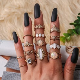 Sttiafay Bohemian Amber Stackable Knuckle Rings Set Vintage Carved Starry Sky Gemstone Joint Stacking Rings Index Finger Ring Midi Finger Rings Set DIY Jewelry Gifts for Women and Girls (14 Pcs)