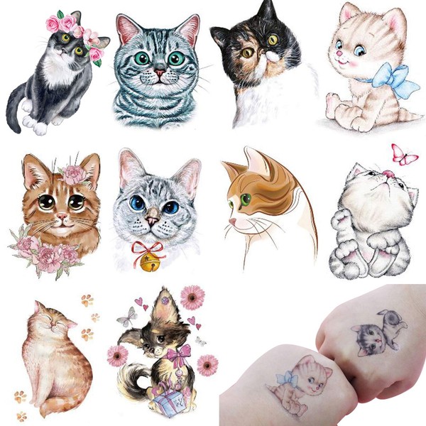 JANSONG 10 Small Sheets Temporary Cat Cartoon Body Art Kids Tattoo Waterproof Tattoos for Boys Girls Cute for Kid Goody Bag Stuffers Party Bag Fillers