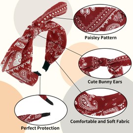 Aushamtai Wine-red Bandana Headband for Women Top Knotted Bow Handbands for Women Girls Cute Bunny Ear Hairband Vintage Bowknot Floral Boho Headband Paisley Print Cashew Design Hair Hoops Hippie
