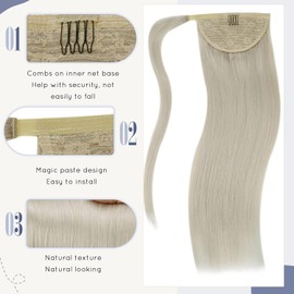 LaaVoo Pony Tail Extensions Real Human Hair 16 Inch 80g White Blonde Remy Straight Ponytail hair Extensions #60