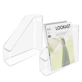YEUIKERR 2 Pcs Acrylic Magazine File Holder Clear Plastic Magazine Holder with Handle, Slim Vertical Magazine Storage Organizer Binder Organizer for Desk