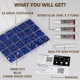 30000Pcs Resin Rhinestones for Crafting Bedazzling, Blue Flatback Gems Crystal for Crafts Clothing Clothes Shoes Fabric Tumblers Cups, Bling Dark Royal Sapphire Blue Flat Back Jewels with b7000 Glue