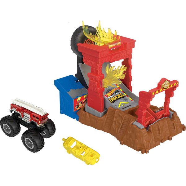 Hot Wheels Monster Trucks Arena Smashers 5-Alarm Fire Crash Challenge Playset with 5-Alarm Toy Truck and 1 Crushable Car, HNB90