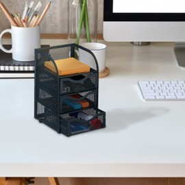 Relaxdays Desk Organiser, 4 Compartments, Mesh Design, H x W x D: 21 x 12.5 x 13 cm, Utensil Box with Drawers, Anthracite