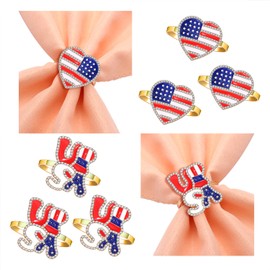 6/8 Pieces 4th of July Patriotic Napkin Rings Rhinestone American Flag Metal Napkin Ring Holders Independence Day Blue Red Star Napkin Ring Holder Buckle Table Ring for Dining Table (6PCS-USA/Heart)