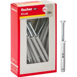 Fischer 508275 Extension Dowel for Tapping N 6 x 80 Y, Impact Attachment with Pre-Assembled Nail for Full, Semi-Filled and Concrete, 25 Pieces per Pack, Grey, 6 x 80 mm