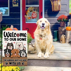 Welcome To Our Home Pet Dogs Garden Flag 12x18 Inch Double Sided Outside, Burlap Farmhouse Yard Outdoor Decoration DF585