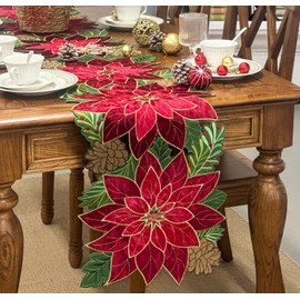 KEVA Holiday Christmas Table Runner 72 inches Long, Embroidered Red Velvet Poinsettia Cutwork Christmas Table Decorations for Home and Kitchen, Red Table Runner 13 Inch x 72Inch
