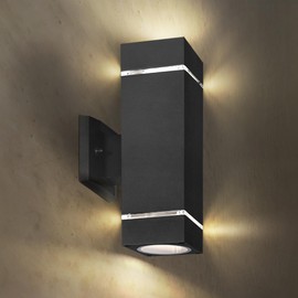ASD 2 Light Square Outdoor Wall Light Fixture | 120W E26 Bulb Socket 120V ETL Cylinder Up Down Lights | LED/CFL/Incandescent Bulb Exterior Wall Sconce | Front Door, Porch Patio | Ringed Black