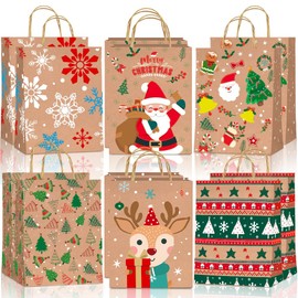 Wlulu Christmas G-ift Bags Kraft Bags 12 Pcs Christmas Bags for Presents with Handles Xmas Gift Bags for Christmas Party Xmas Favor Bags Kraft Bags