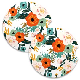 Nipichsha Car Coasters for Cup Holders, 2 Pack Absorbent Ceramic Car Cup Holder Coaster for Drinks, Cute Auto Assecories for Women Men, Size 2.56 in with Finger Notch & Cork Base, Bright Flowers