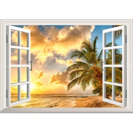 Painting Style Wallpaper Poster (Removable Sticker Type) - Window Scenery - Sunset Beach Sunset and Palm Trees Caribbean Paradise [Window Specifications/Trick Art] Charachro BCH-027MA2 (A2 Version, 23.4 x 16.5 inches (594 x 420 mm)), Architectural Wallpa